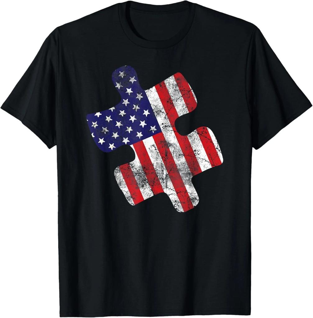 Autism Awareness American Flag Vintage Puzzle Piece Unisex T-Shirt