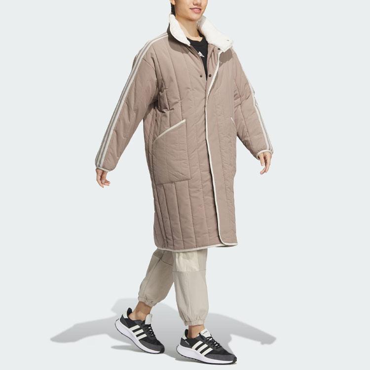 Adidas Комфортное стеганое пальто с тремя полосками, длинная спортивная повседневная хлопковая куртка, женские пальто, розово-коричневый цвет IL8953
