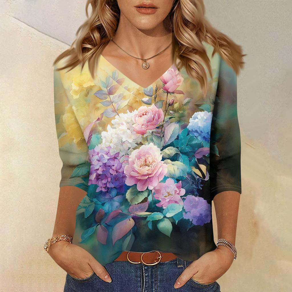 Женская повседневная свободная блузка с V-образным вырезом и рукавами 3/4, цветочный принт, легкая, удобная, для повседневной носки