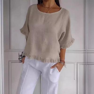 Летняя женская футболка с коротким рукавом, однотонная, с рюшами, в стиле кэжуал - европейский и американский стиль