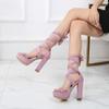 Fashion Women Lace Up Chunky Heel Summer Open Toe Strappy Block Heel Sandals Night Club Party Pumps Shoe Tie Up Platform Slippers Black