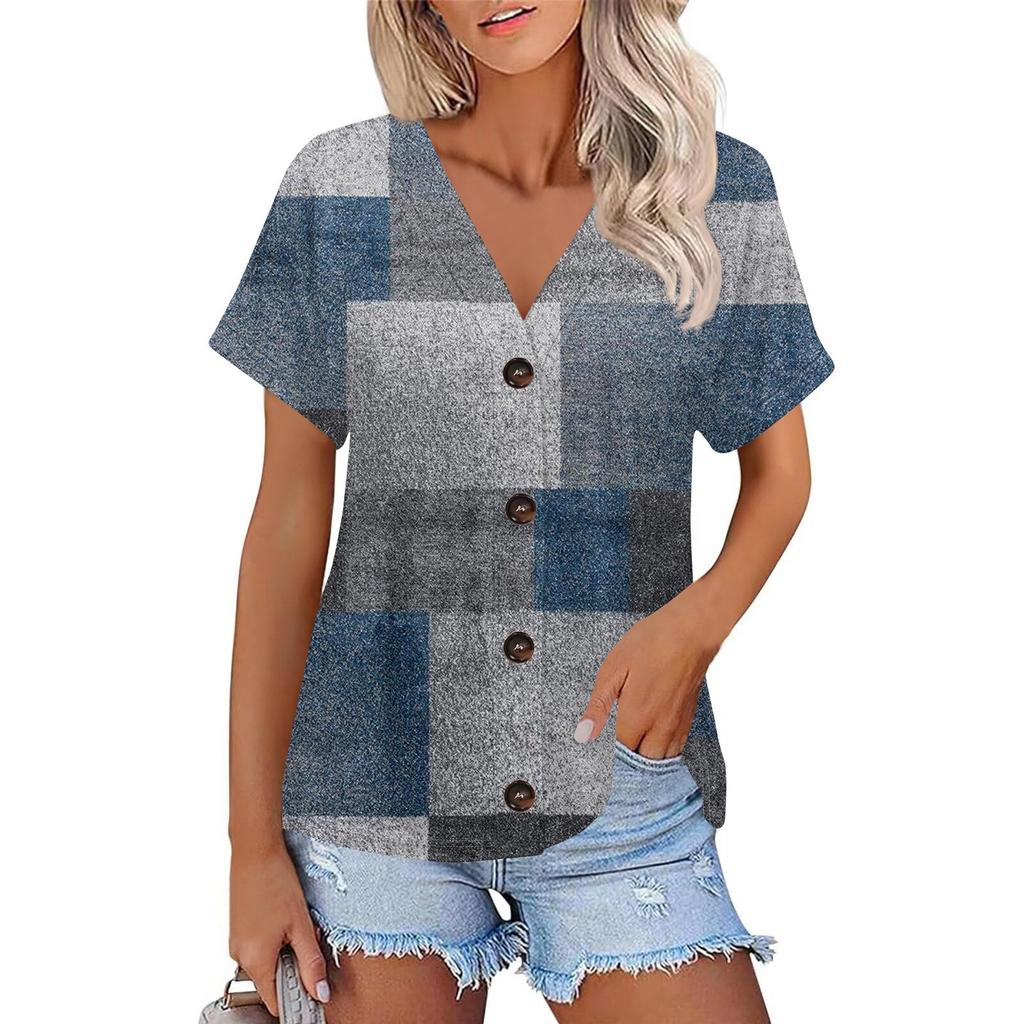 Женская модная футболка с короткими рукавами и V-образным вырезом, цветным принтом в стиле пэчворк, на пуговицах