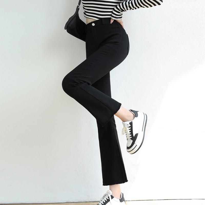 Женские расклешенные брюки, модные повседневные микро-эластичные тонкие черные брюки с высокой талией