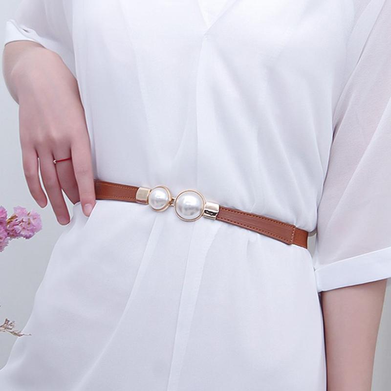 Creative Pearl Buckle Belt Pu Leather Dress Skirt Waist Elastic Thin Women Belts