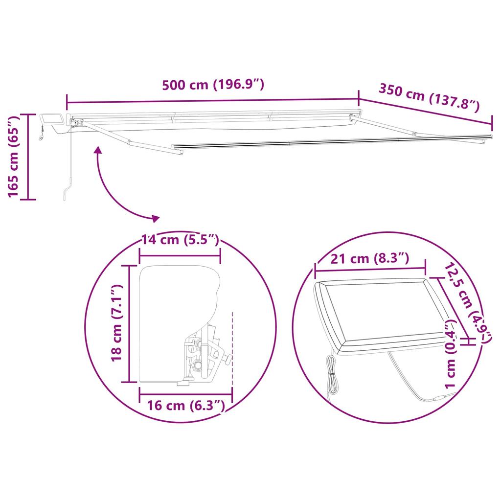 Manual Awning Frame with LEDs Green and White 5 x 3.5 m