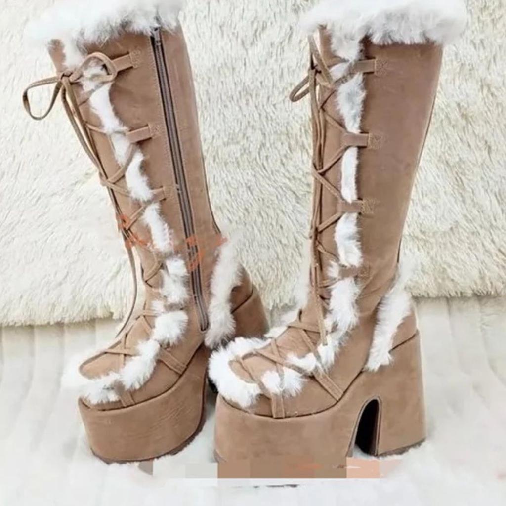 Зимние женские зимние сапоги на платформе с танкеткой и высоким каблуком из искусственного меха, женские плюшевые теплые нескользящие сапоги до середины голени, готическая обувь