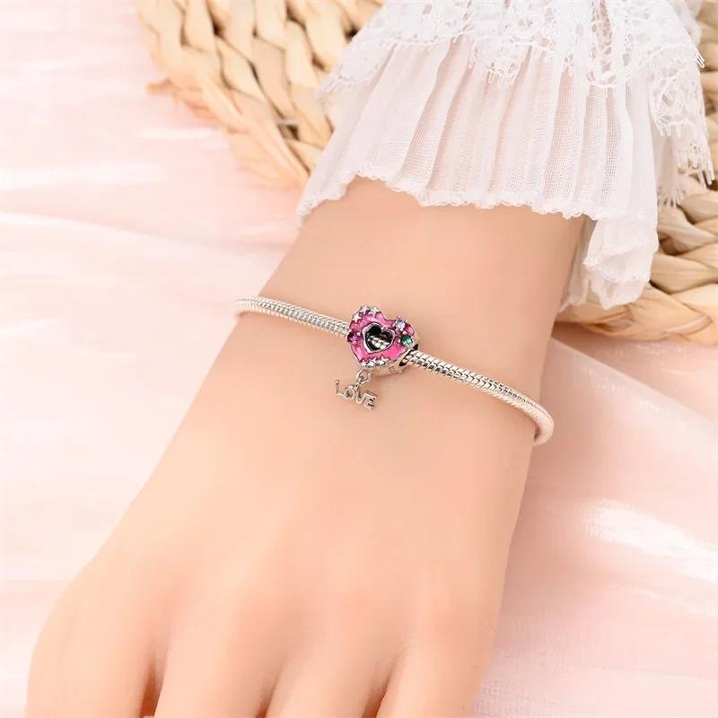 Pink Zircon Love copper Bead Charms Charm Bead Charms Compatible With Bracelets Women Jewellery Diy Anniversary Gift Delicate Accessories Bag Charm