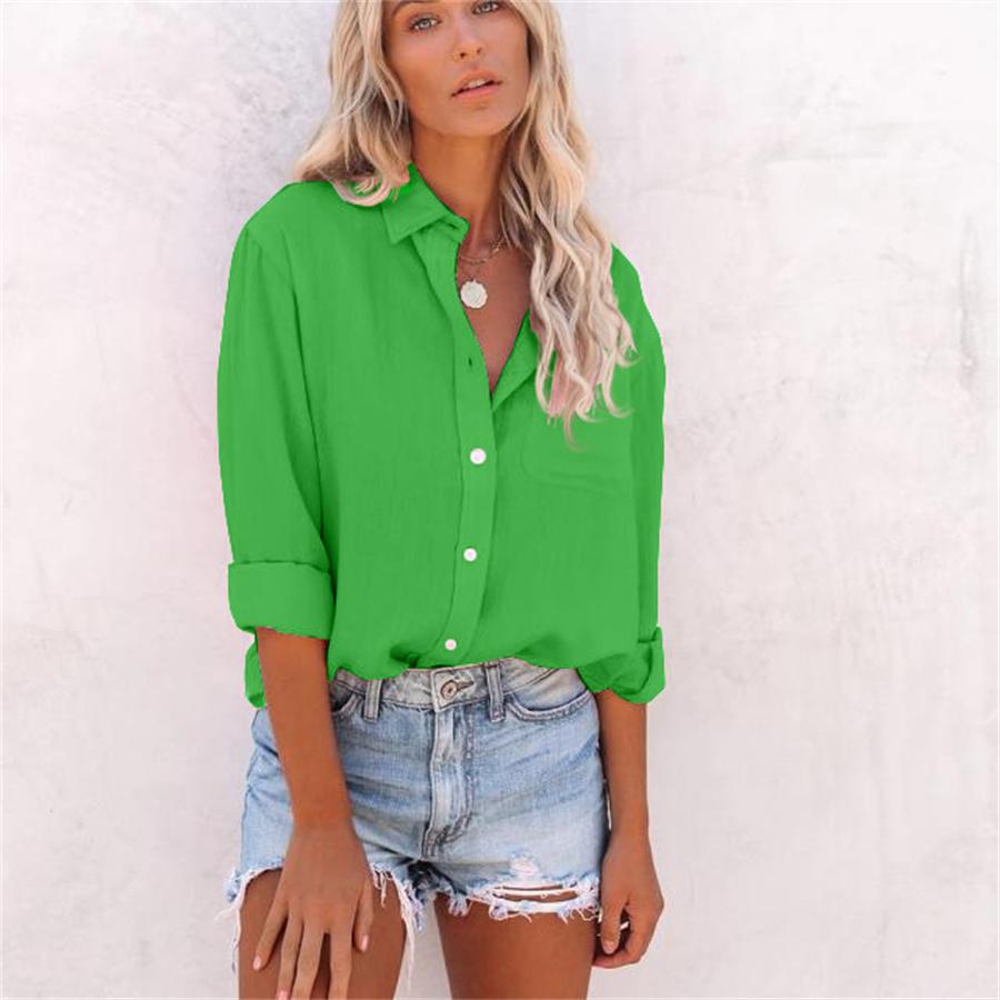 Весенне-летние топы, женская однотонная хлопково-льняная рубашка, свободная блузка с длинными рукавами и лацканами на пуговицах