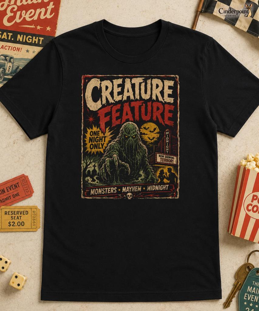 Creature Feature T-Shirt Retro Horror Vintage Movie Poster Graphic Tee XS-5XL