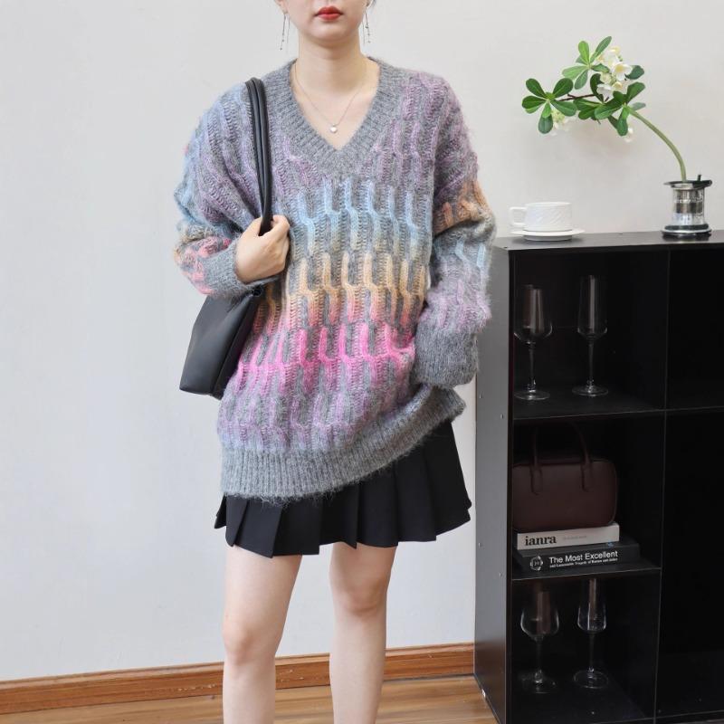 Gentle Wind Gradual Change Sweater Pullover Autumn and Winter New Medium and Long V-neck Loose Knitted Sweater Top Women
