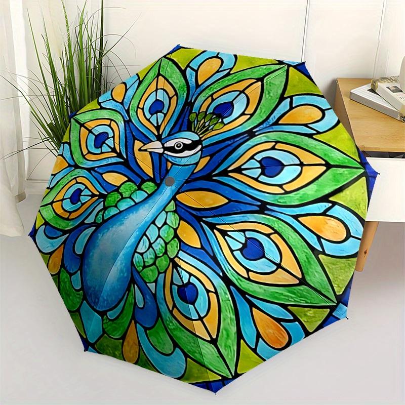 1pc Peacock Stained Glass Automatic Umbrella - 8-Rib Foldable Design, Outdoor Adventures, and Family Celebrations yy250829030