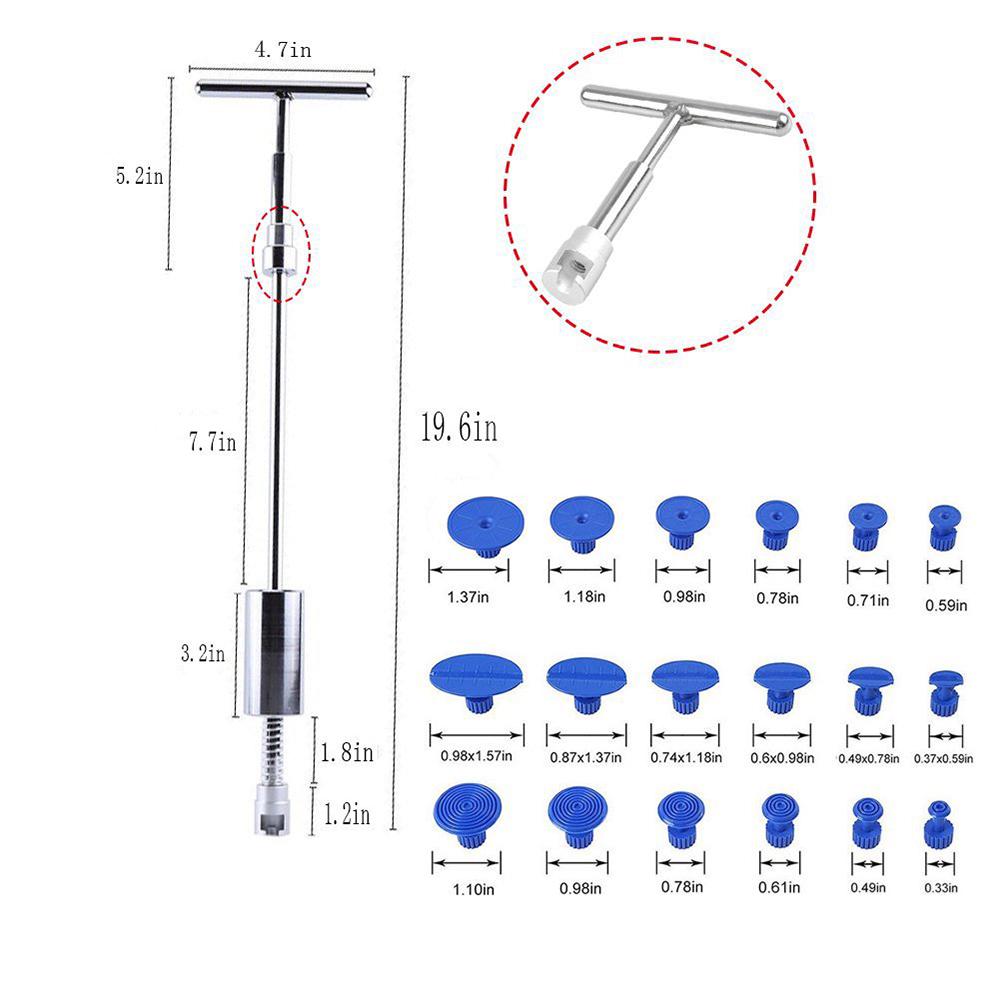 Набор съемников для ремонта вмятин без покраски, инструменты для ремонта вмятин автомобиля, молоток с Т-образным стержнем + 18 шт., выступы для съемника клея