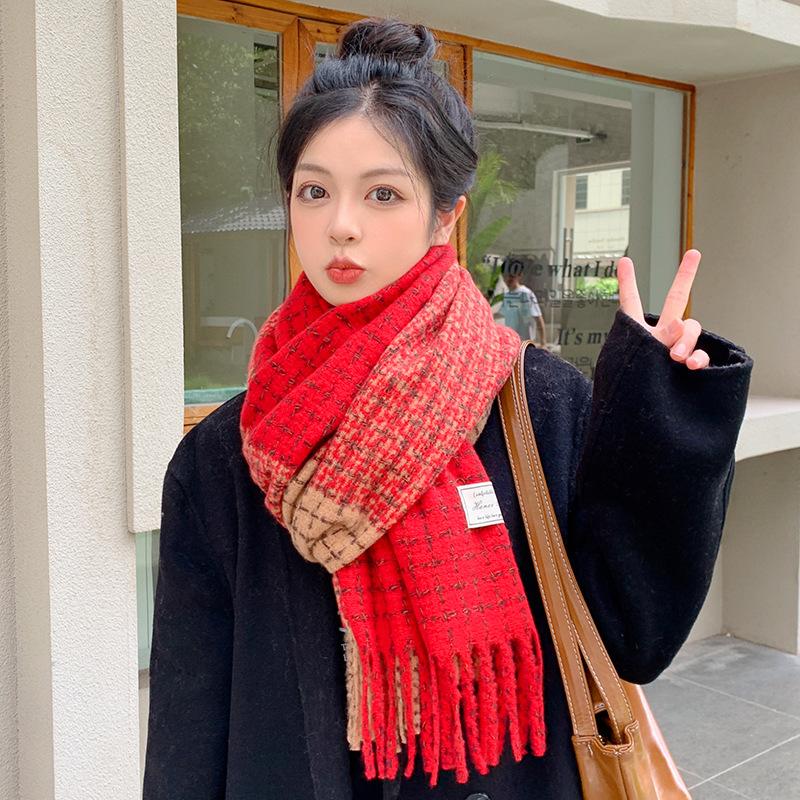 Japanese Korean Style Soft Tassel Color-Block Plaid Scarf Women Men Warm Neck Wrap Atmosphere Shawl