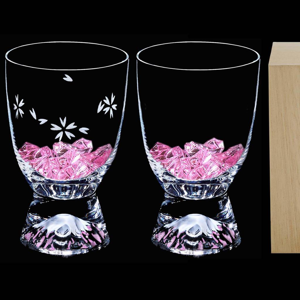 LUGUFON Fuji Glasses with Sakura Kiriko Pair of Stylish and Elegant Rock Handcrafted by Artisans In a Paulownia Wood Perfect for Cold Plum and Perfect