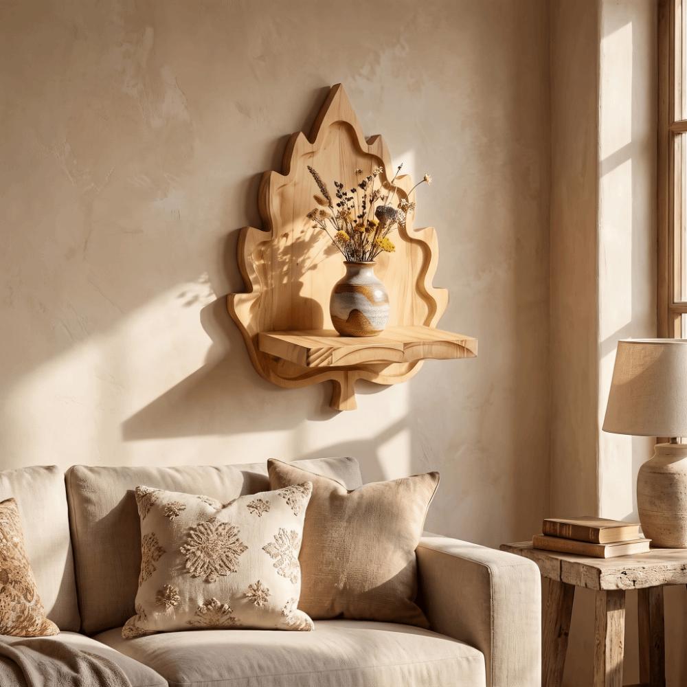 Stable Wooden Leaf Floating Shelf Wooden Wall Display Shelf Plants Display Stand for Living Room