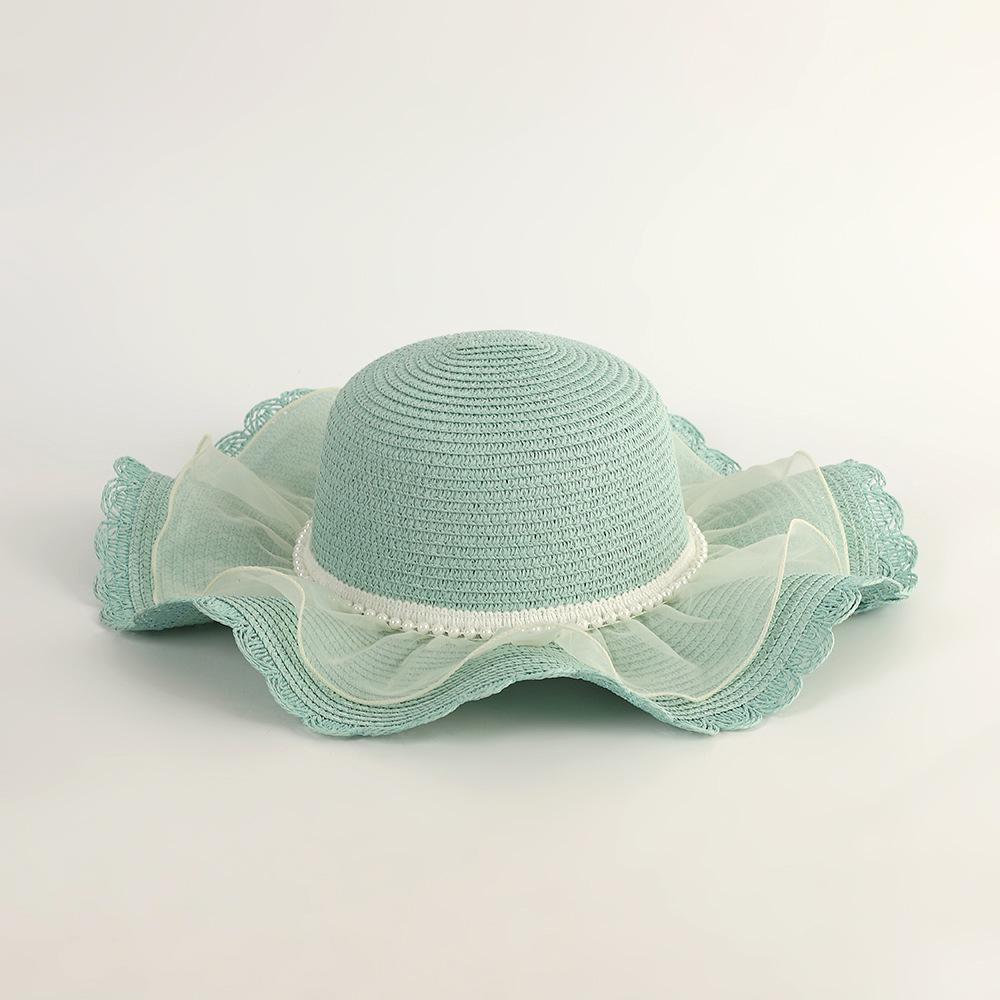 Летняя соломенная шляпа для девочек с жемчужной сеткой - Семейный стиль, Широкие поля, Защита от солнца