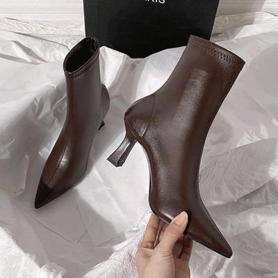 Женские ботильоны на высоком каблуке-шпильке - Коричневый/Бежевый, Ранняя осень, Острый носок, Эластичная посадка, Шикарный стиль.