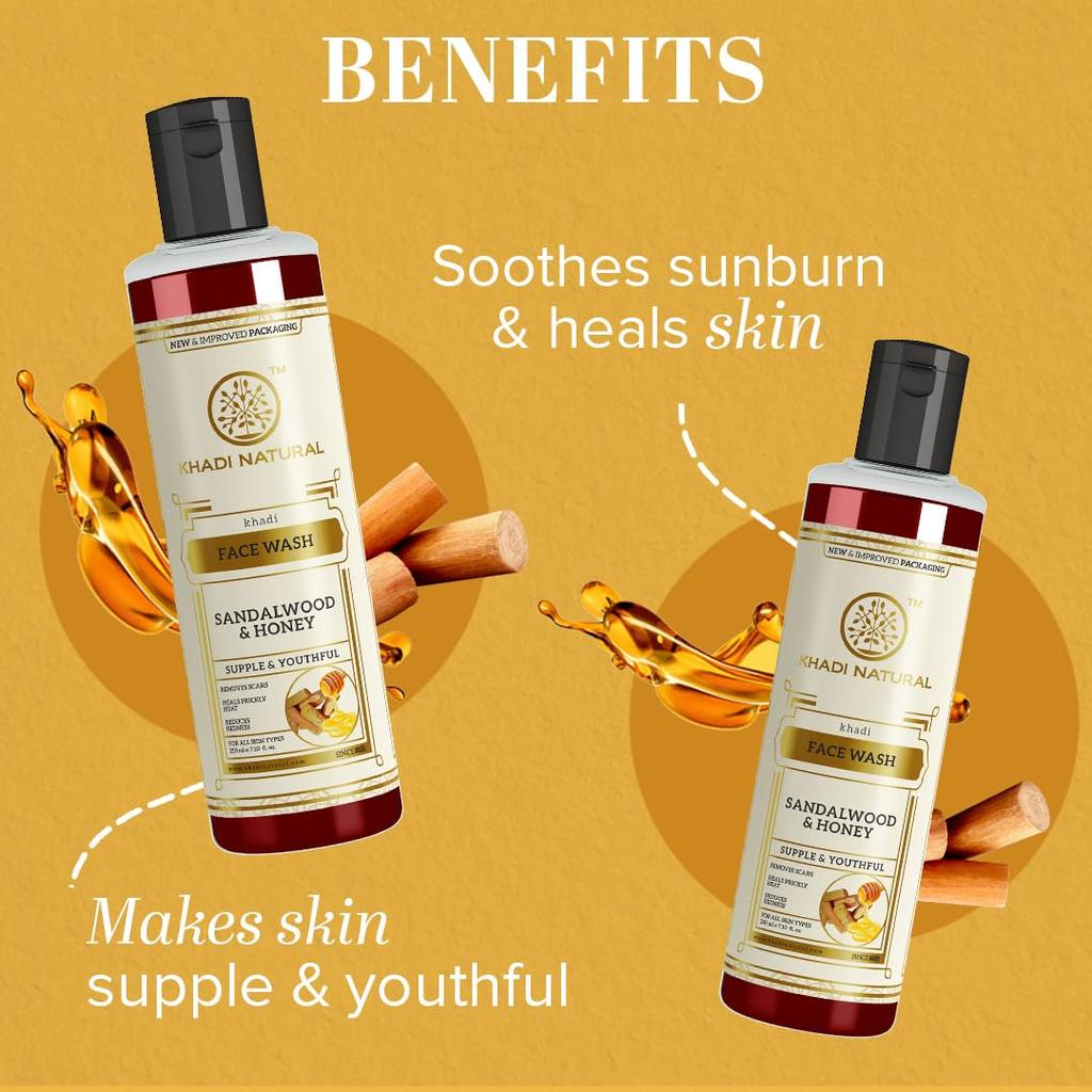 Khadi Natural Sandalwood Honey Face Wash Gentle Cleansing Hydrating Daily Skincare For Radiant Soft Skin 210 ml X Pack 2