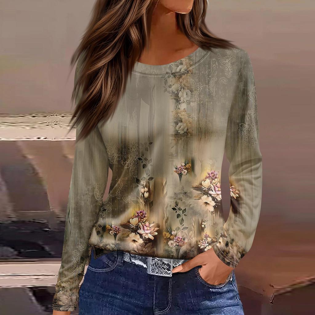 Women's Fashion Casual Slit Hem Round Neck Long Sleeve Loose  Printed T-Shirt Ladies Top
