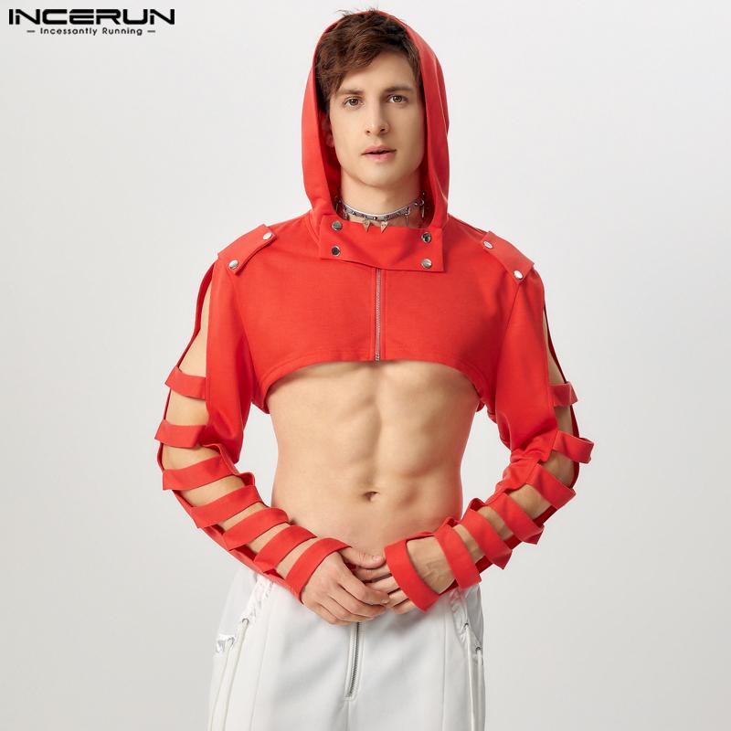 INCERUN Мужские короткие топы с длинным рукавом, однотонные укороченные толстовки с капюшоном