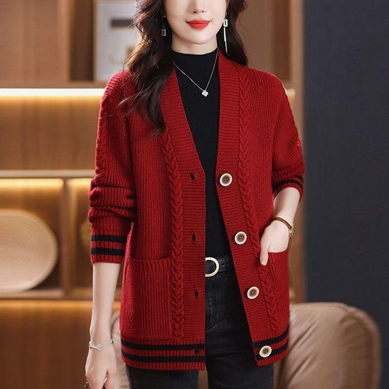 Мама вязаный кардиган свитер пальто осень новый универсальный наряд большой свободный осенне-зимний свитер кардиган