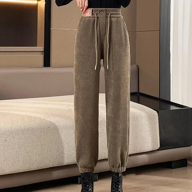 Зимние модные бархатные теплые свободные прямые брюки для женщин, офисные женские леггинсы с высокой талией, утепленные однотонные брюки 29584