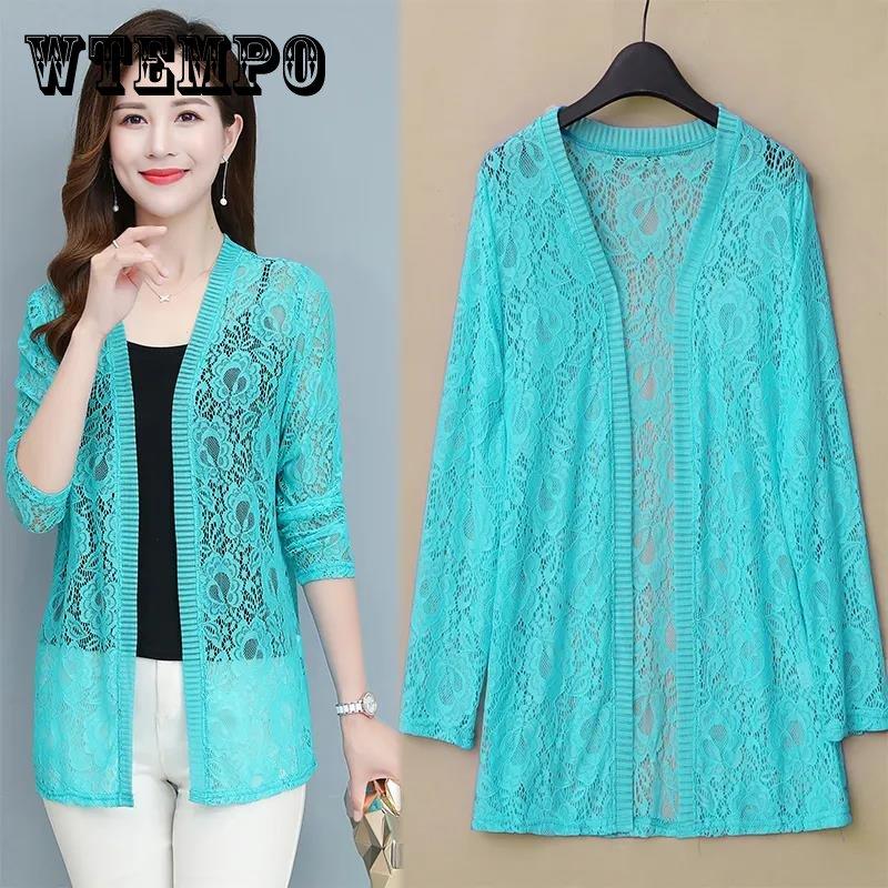 XL-5XL Spring and Summer Plus Size Women's Tops Mid-length Lace Cardigan Thin Coat Casual Long-sleeved Sun Protection Clothing