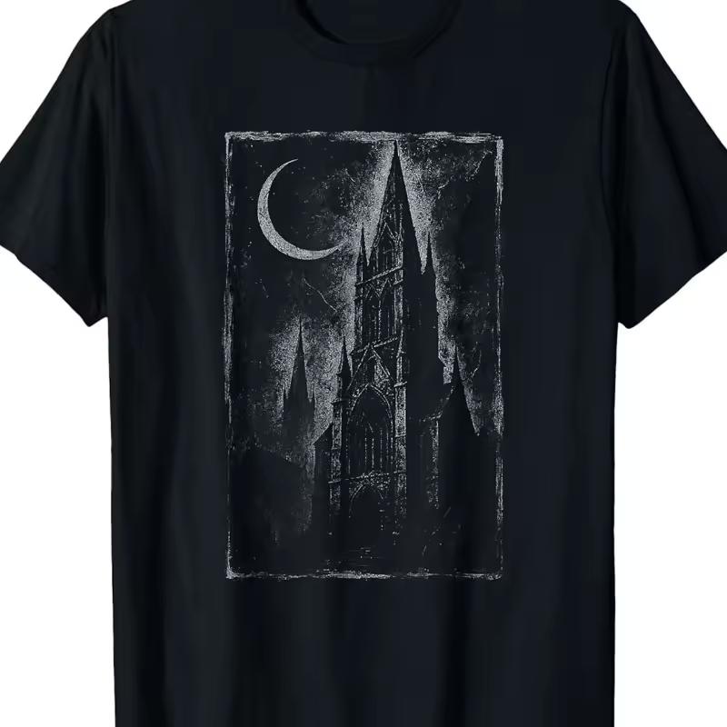 Men's Gothic Church Cathedral Pattern T-shirt Summer New Style Suitable for Both Men and Women