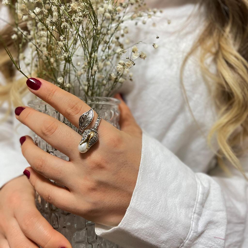 Серебряное кольцо с жемчужным тюльпаном, серебряное женское кольцо с аутентичным османским дизайном, винтажное серебряное кольцо с королевой, турецкое кольцо ручной работы