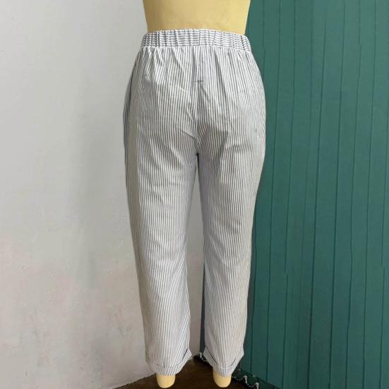 Women Casual Pants Elastic Waist Mid-rise Summer Jacquard Long Pants with Pockets Striped Print Loose Fit Trousers