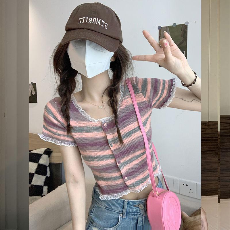 Радужная полосатая рубашка с квадратным вырезом на плече и короткими рукавами для женщин, летняя облегающая и короткая летняя рубашка