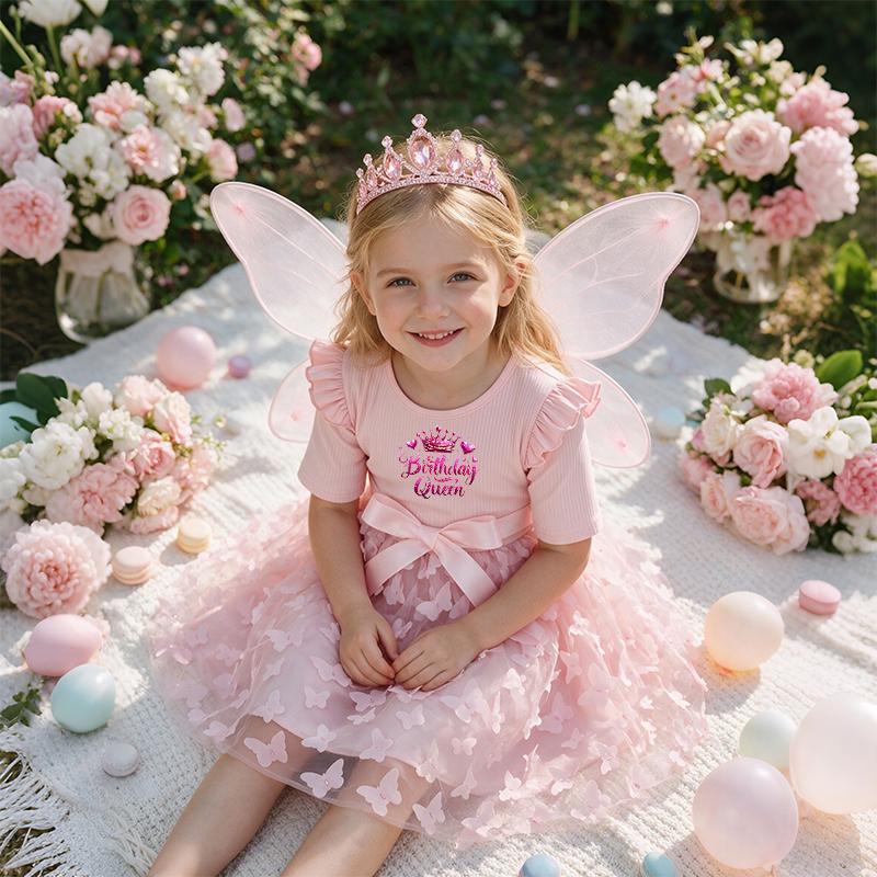 Girls Butterfly Tulle Dress, Crown Embroidery,Cute Princess Party Dress with Bow, Short Sleeve Summer Dress for Little Girls