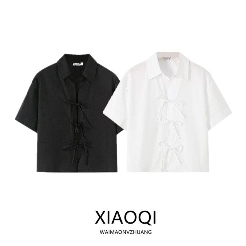 Fashion Style 2024 Autumn New Women's Cotton White Short Sleeve Lapel French Shirt 8181002