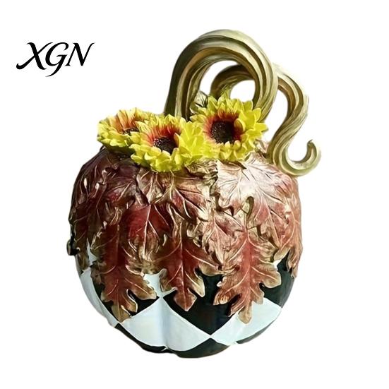 Hand Painted Retro Style Decor Black And White Striped Pumpkin Ornament, Resin Three Dimensional Sculpture Tabletop Centerpiece, Halloween Ornament