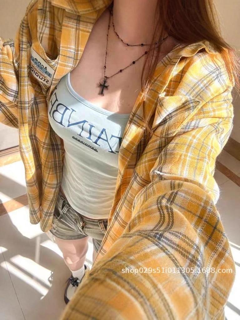Women's Yellow Plaid Retro Shirt Jacket - Loose Fit, Versatile for Spring & Autumn