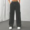 Women Cargo Pants Elastic Waist Adjustable Drawstring Straight Wide Leg Trousers Solid Color Sport Long Pants
