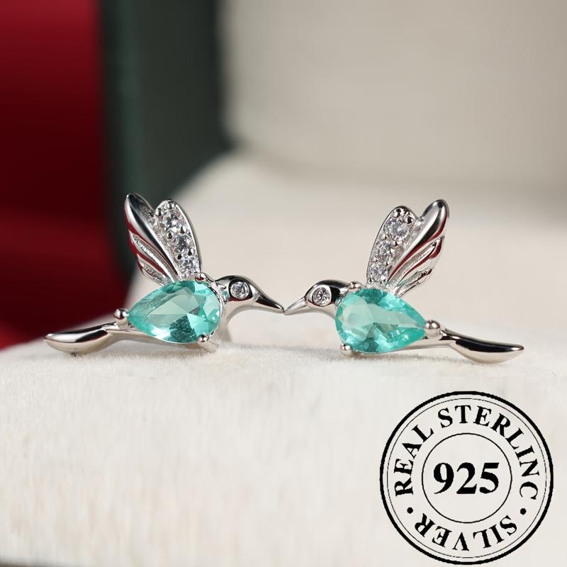 Delicate 925 Sterling Silver Mint Green Zircon Hummingbird Stud Earrings for Women Party Jewelry Gifts