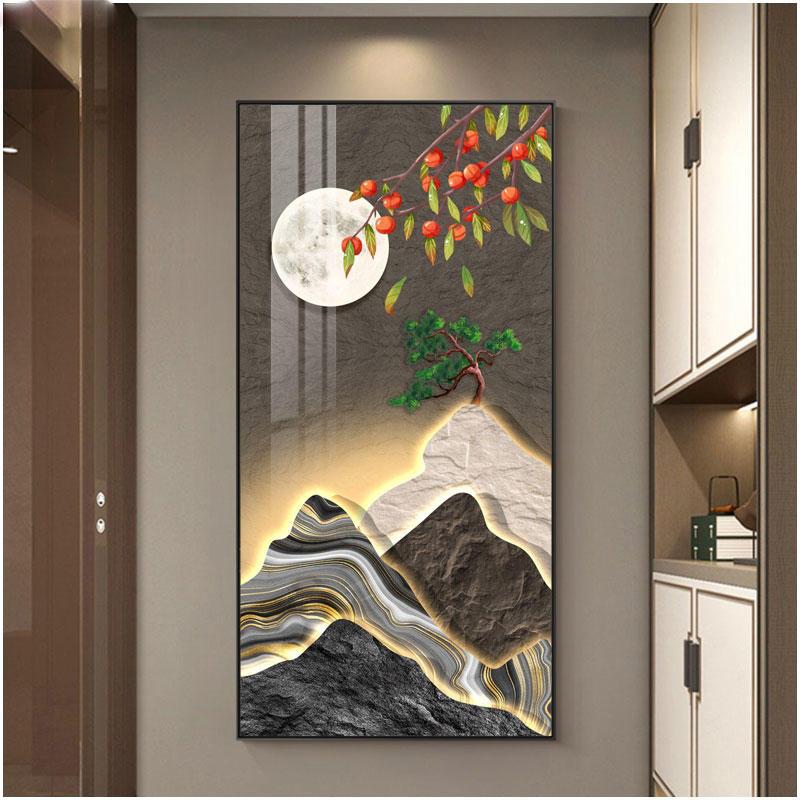 Abstract Fengshui Golden Zen Stone Canvas Painting Golden Moon Deer Wall Art Rich Tree Posters for Porch Wall Decor No Frame