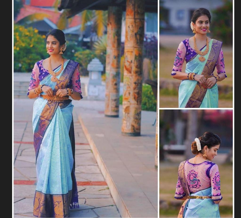 Индийское традиционное мягкое шелковое сари личи с жаккардовым плетением