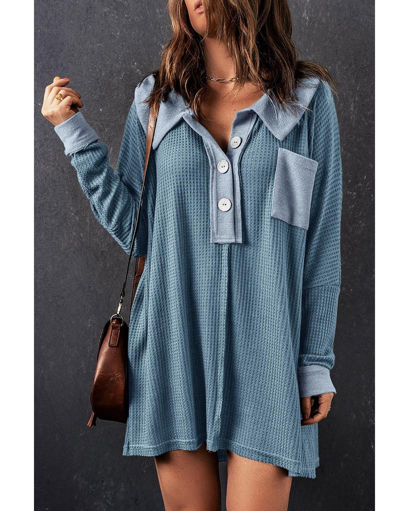Azura Exchange Sky Blue Waffle Knit Buttoned Long Sleeve Top