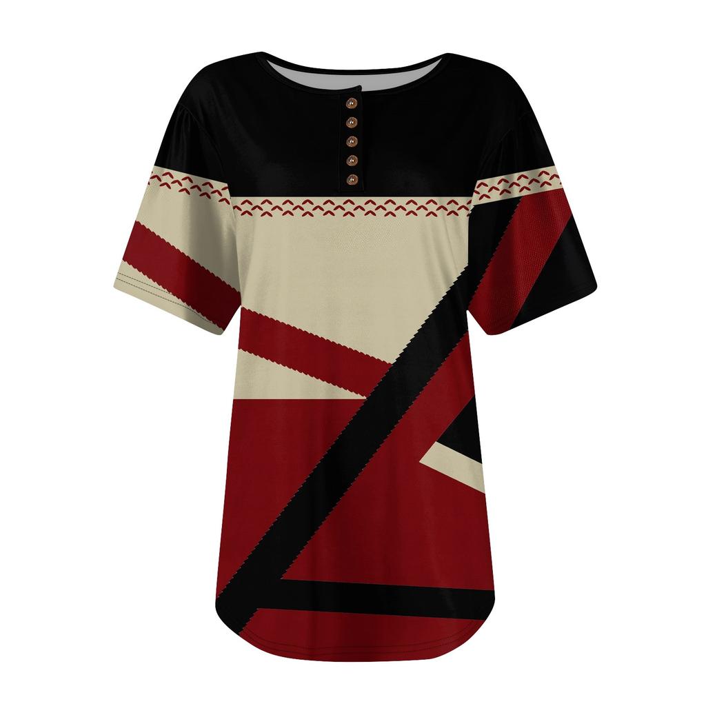 Женский модный повседневный короткий рукав пуловер с принтом на пуговицах и круглым вырезом