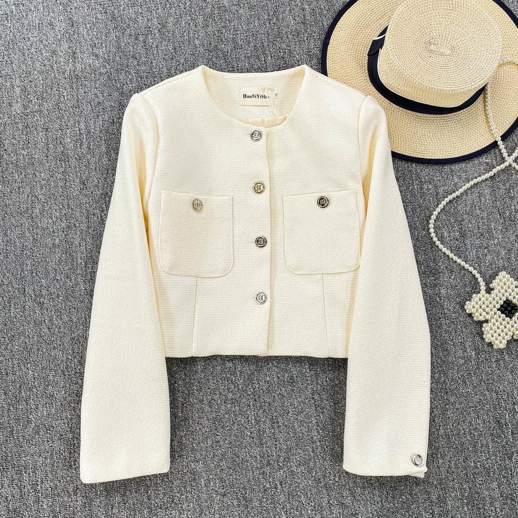 Осень Зима Женский Элегантный Маленький Ароматный Ветер Полный Рукав Однобортный Твидовый Короткий Пиджак Пальто с Карманом