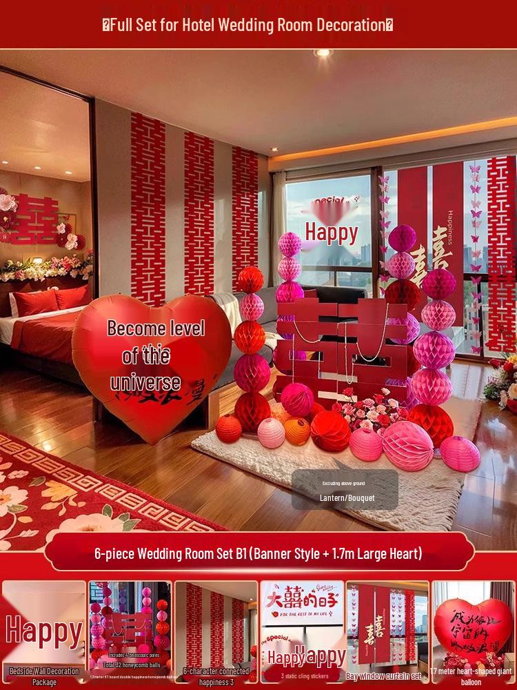 Bridal Wedding Room Decoration Set with No-Trace Double Happiness for Hotels and Living Rooms
