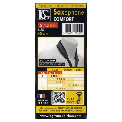 BG COMFORT Strap for Alto Saxophone, Size XS, with Snap Hooks, S15SH