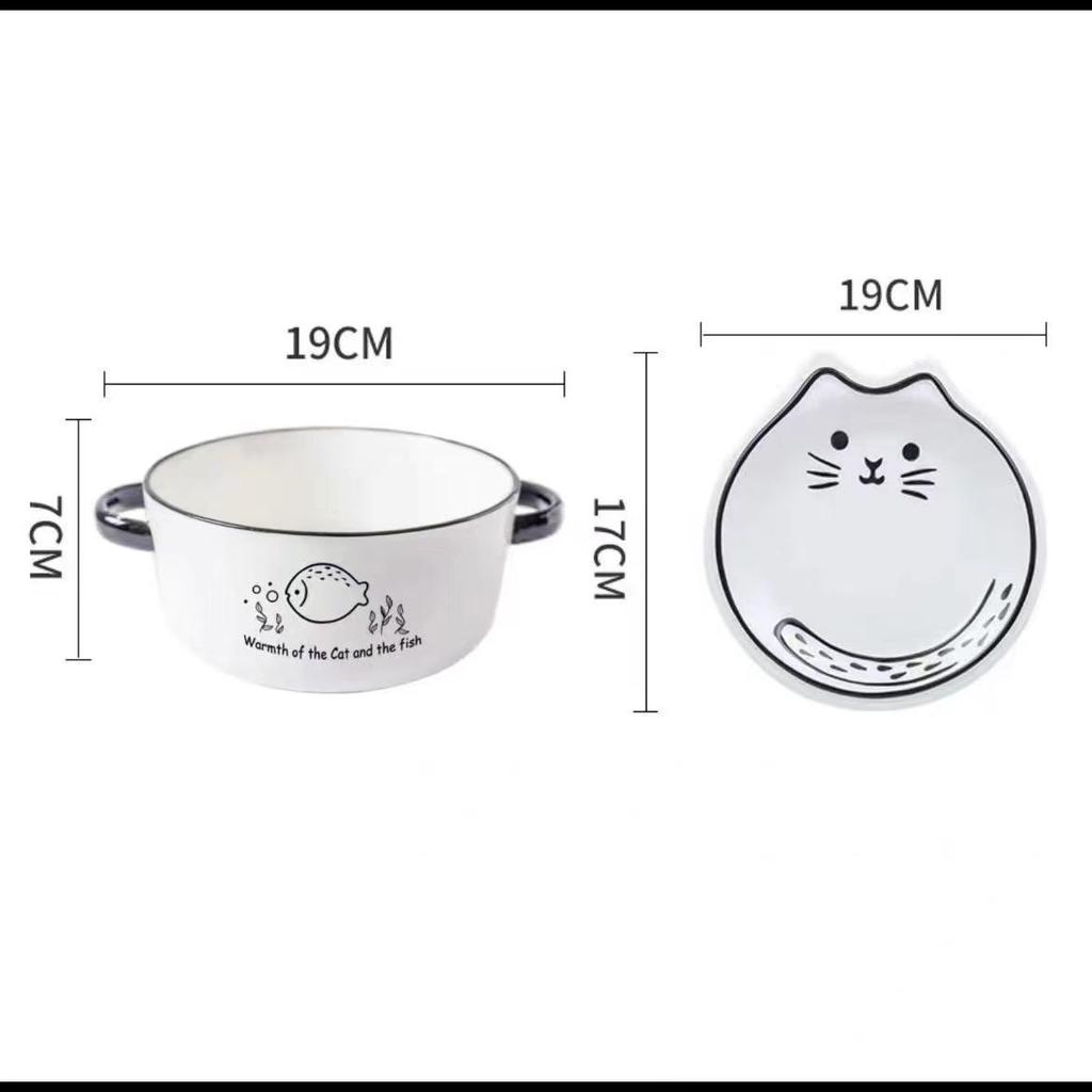 Nordic Simple Ceramic Bowl Cartoon Household Trumpet Personality Bubble Noodle Bowl with Lid Double Ear Soup Fresh-keeping Bowl