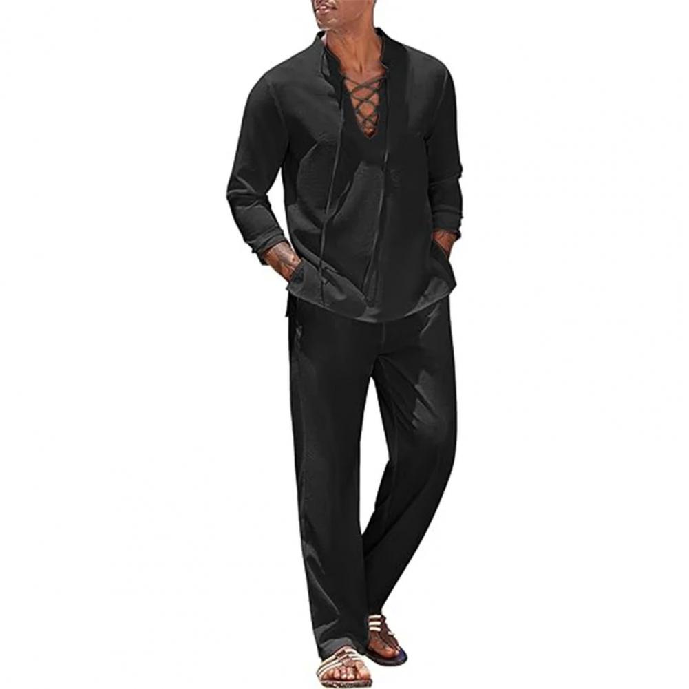 2 шт./компл., мужской повседневный наряд, воротник-стойка, v-образный вырез, топы на шнуровке с длинными рукавами, однотонный комплект свободных длинных брюк