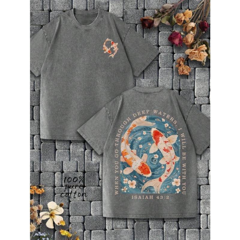 Мужская washed cotton футболка с коротким рукавом Двусторонняя печать Узор с карпом Библейский стих ИСАЙЯ 432 Ретро Старая Свободная Повседневная Трендовая Летняя Топ