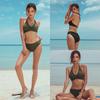 Сексуальный купальник-бикини из двух предметов для женщин, однотонный бюстгальтер с глубоким V-образным вырезом на шнуровке и трусами с низкой посадкой, летний комплект купальников