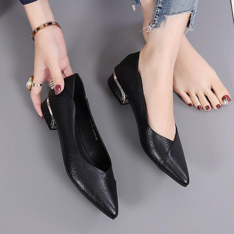 Single Shoe Women's Flat Bottomed Thick Heel Mid Heel Casual Shoes Versatile Work Leather Shoes