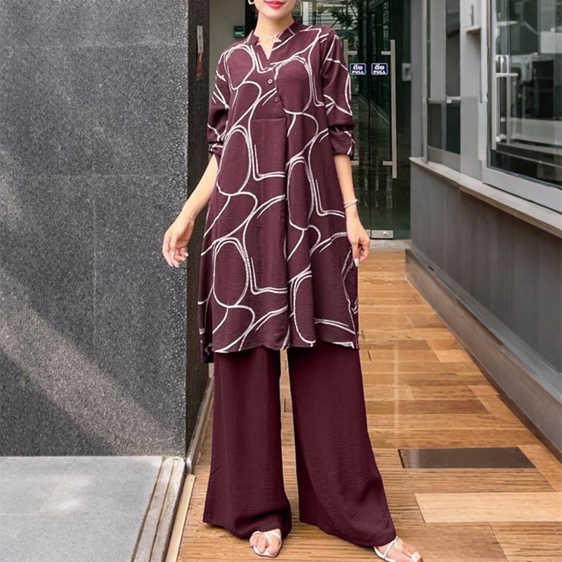 ZANZEA Women Long Sleeve Print Blouse and Pants Casual Two Piece Suit Sets